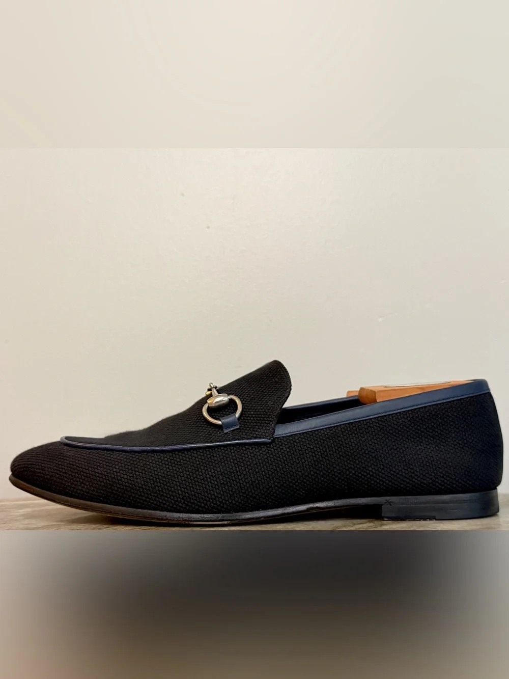 GUCCI BRIXTON Black Canvas Blue Leather Horsebit Loafer US 10.5 Gucci 10 Jordaan